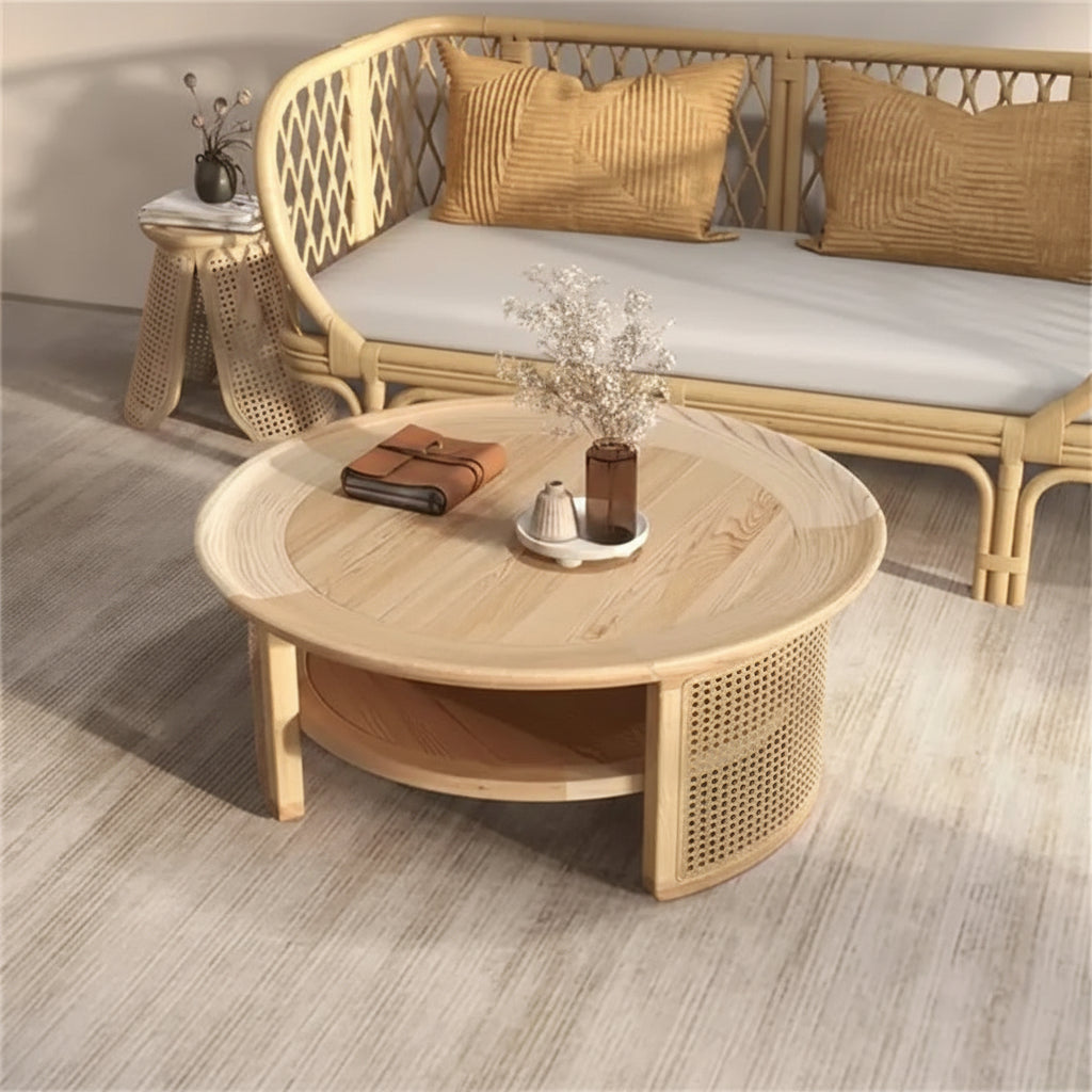 Table basse ronde en bois à deux niveaux avec base en rotin