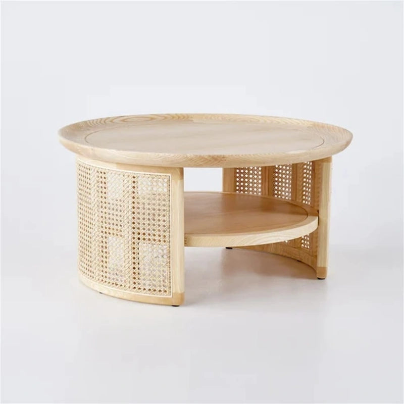 Table basse ronde en bois à deux niveaux avec base en rotin