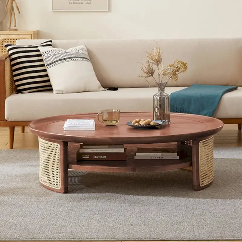 Table basse ronde en bois à deux niveaux avec base en rotin