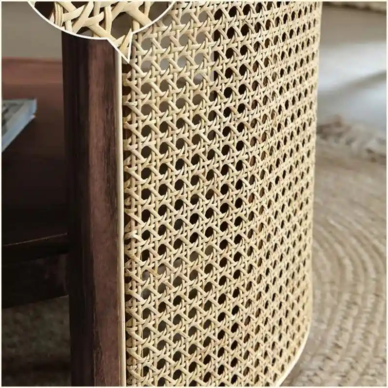 Table basse ronde en bois à deux niveaux avec base en rotin