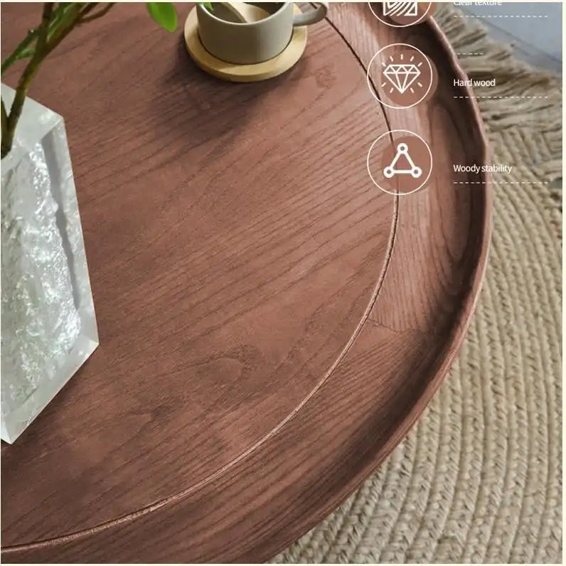 Table basse ronde en bois à deux niveaux avec base en rotin