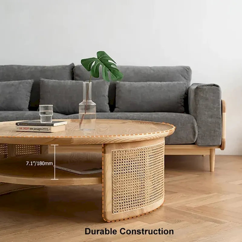 Table basse ronde en bois à deux niveaux avec base en rotin