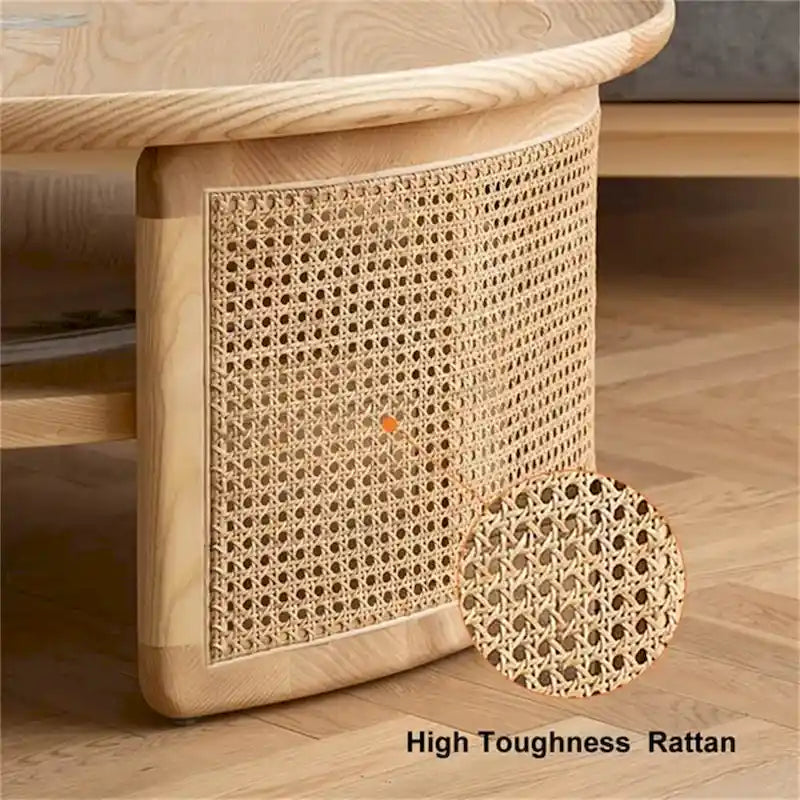Table basse ronde en bois à deux niveaux avec base en rotin