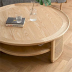 Table basse ronde en bois à deux niveaux avec base en rotin