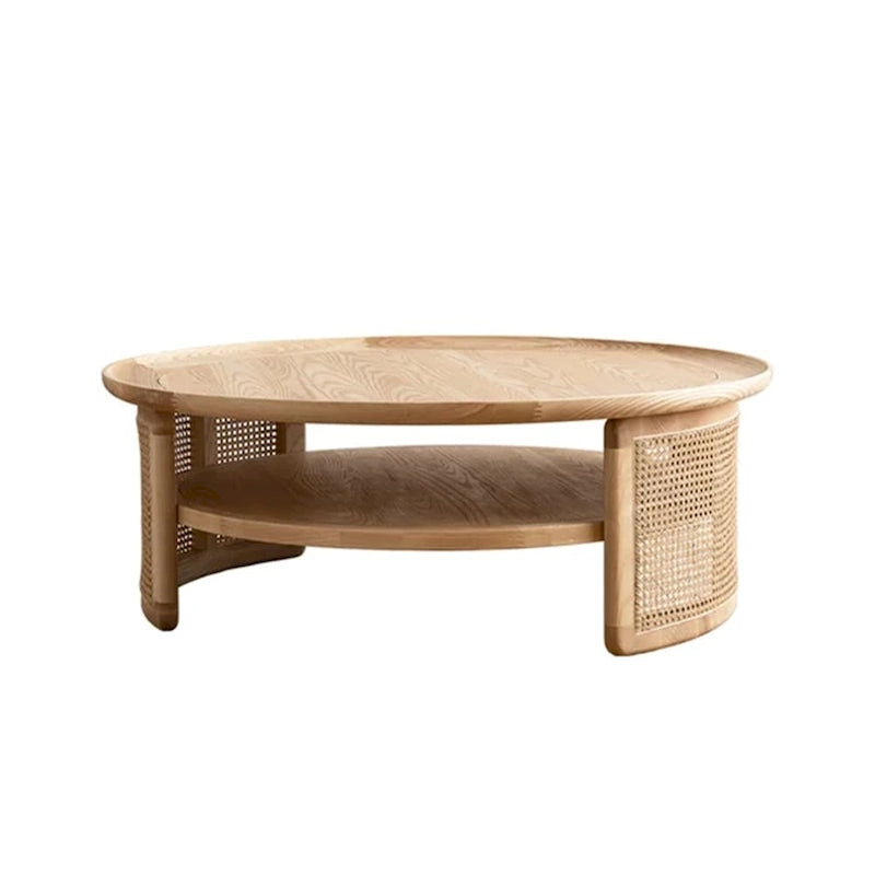 Table basse ronde en bois à deux niveaux avec base en rotin