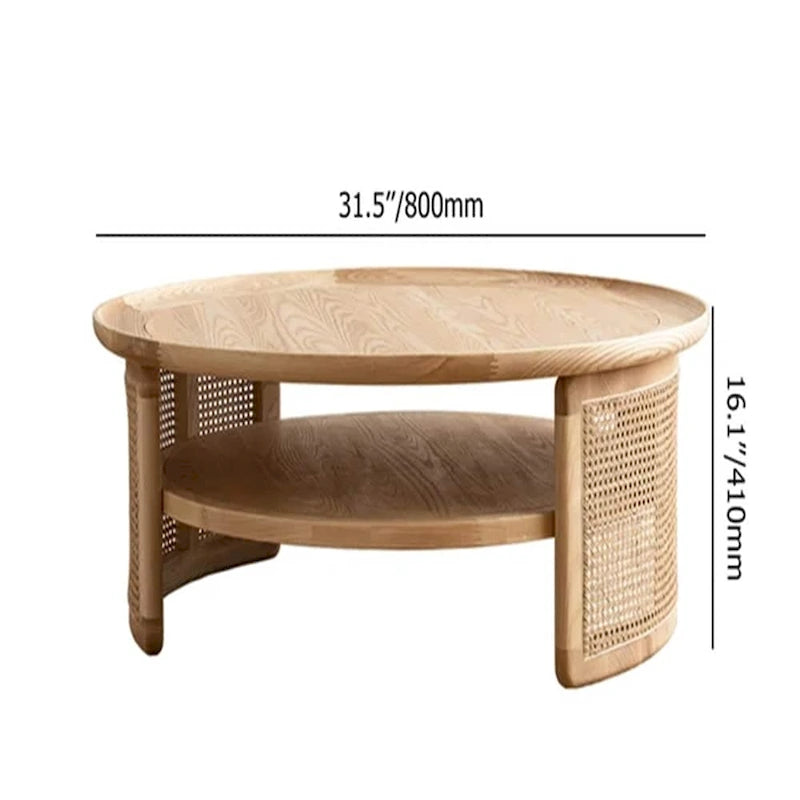 Table basse ronde en bois à deux niveaux avec base en rotin