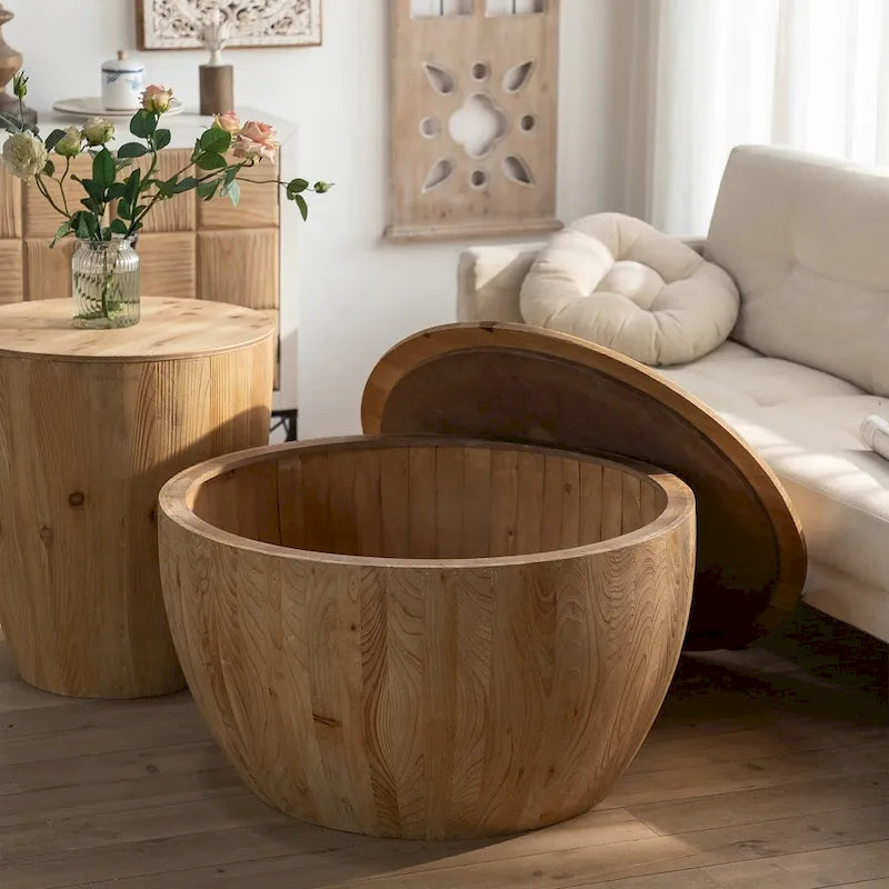 Table basse en bois en forme de tonneau style vintage