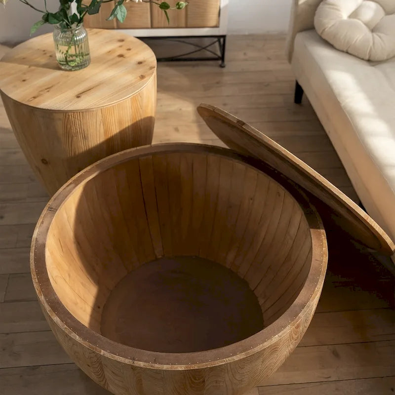 Table basse en bois en forme de tonneau style vintage