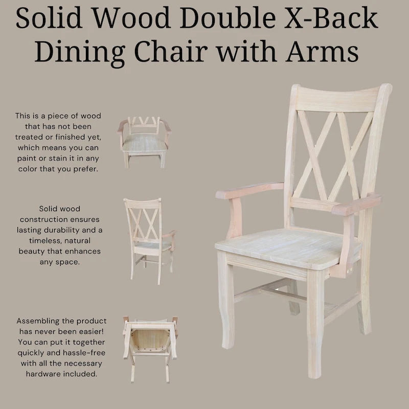 Chaise de salle à manger en bois massif avec accoudoirs et dossier en X double