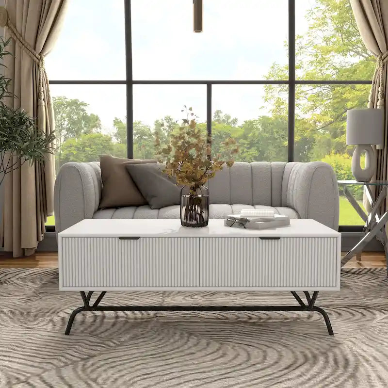 Table basse moderne de 42 pouces à 2 tiroirs avec pieds en métal