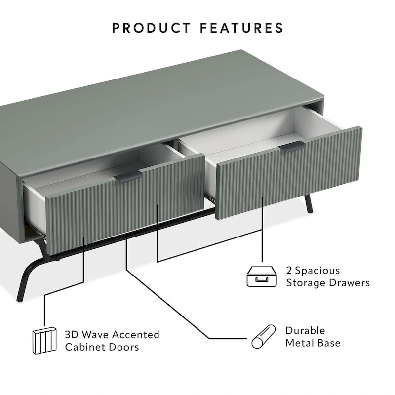 Table basse moderne de 42 pouces à 2 tiroirs avec pieds en métal