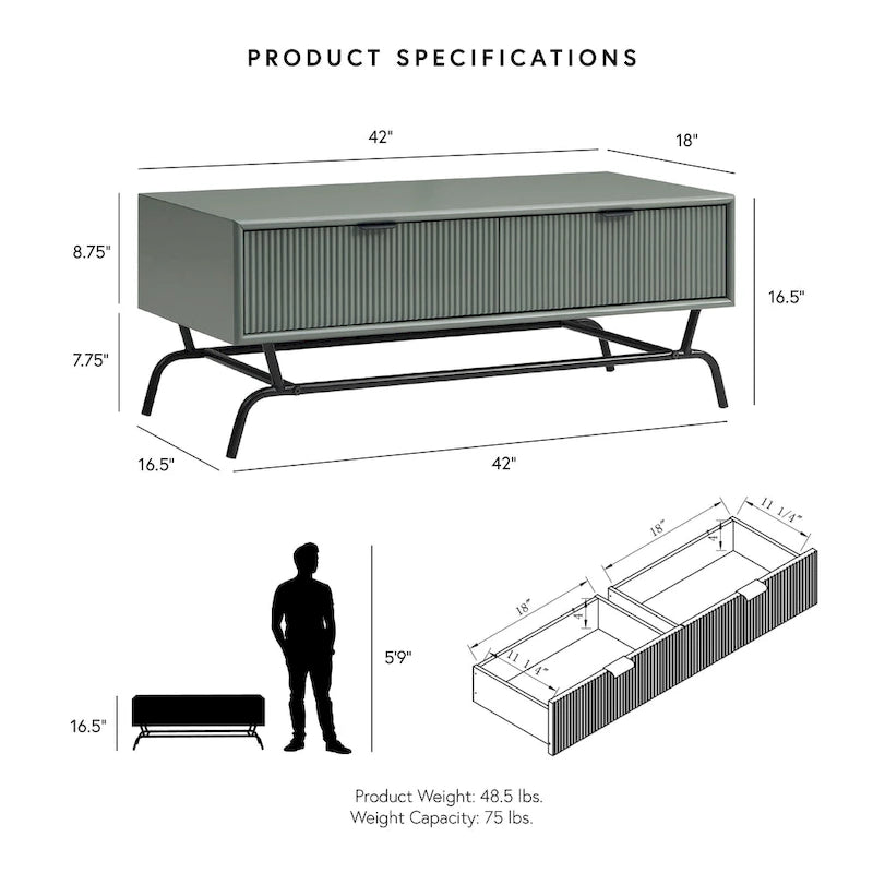 Table basse moderne de 42 pouces à 2 tiroirs avec pieds en métal