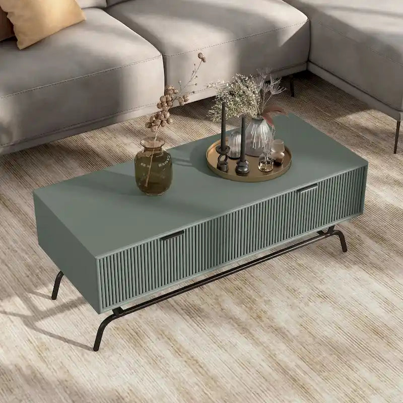 Table basse moderne de 42 pouces à 2 tiroirs avec pieds en métal