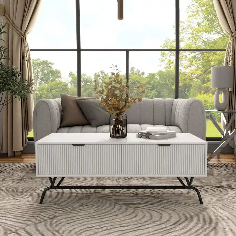 Table basse moderne de 42 pouces à 2 tiroirs avec pieds en métal