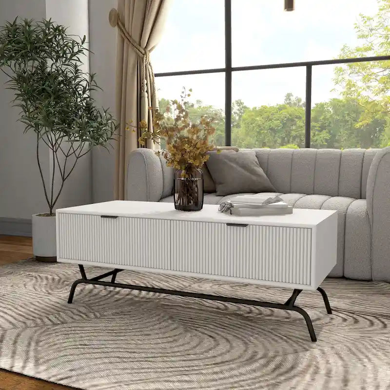 Table basse moderne de 42 pouces à 2 tiroirs avec pieds en métal