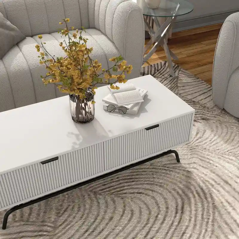 Table basse moderne de 42 pouces à 2 tiroirs avec pieds en métal