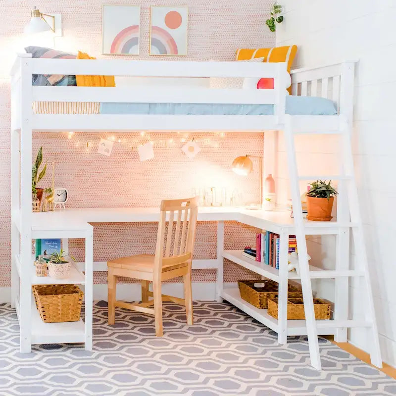 Lit surélevé simple avec bureau enveloppant et étagères