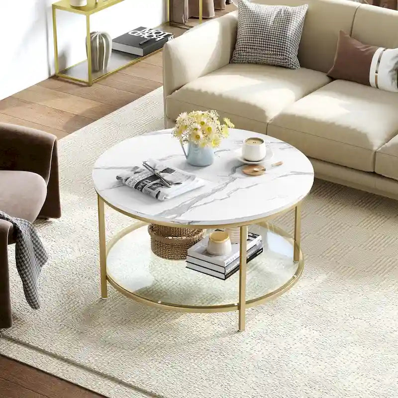 Table basse ronde à motif marbre blanc avec plateau en verre et cadre doré à 2 niveaux