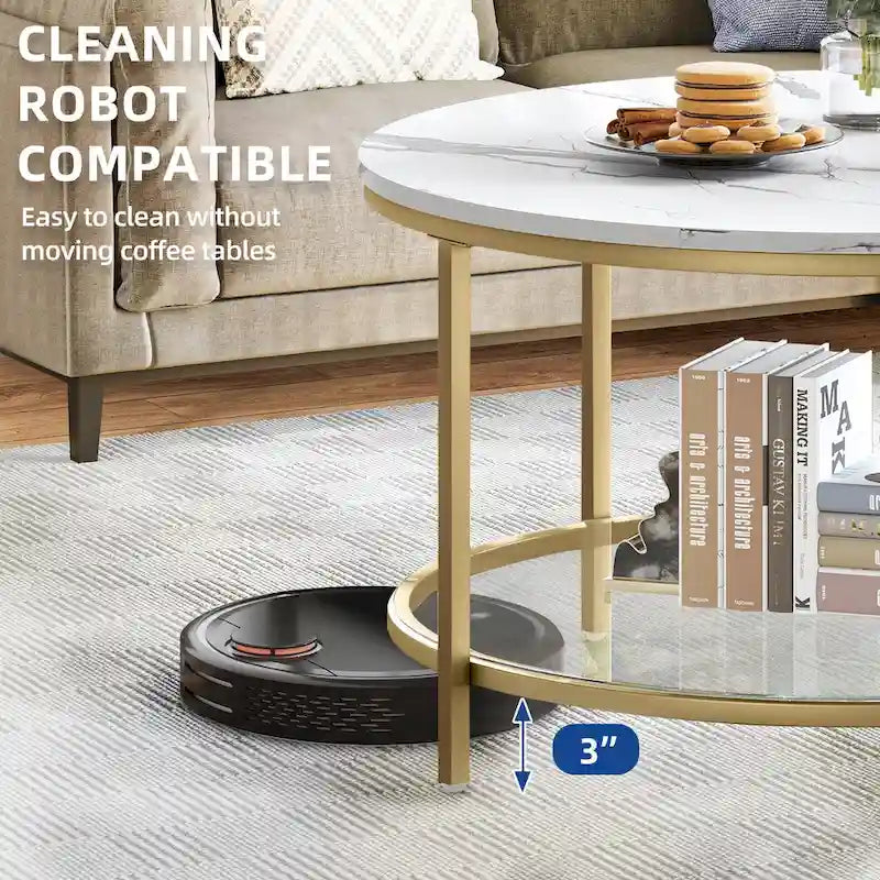 Table basse ronde à motif marbre blanc avec plateau en verre et cadre doré à 2 niveaux