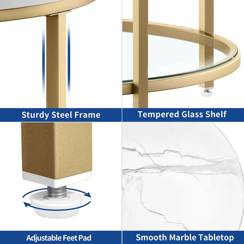 Table basse ronde à motif marbre blanc avec plateau en verre et cadre doré à 2 niveaux