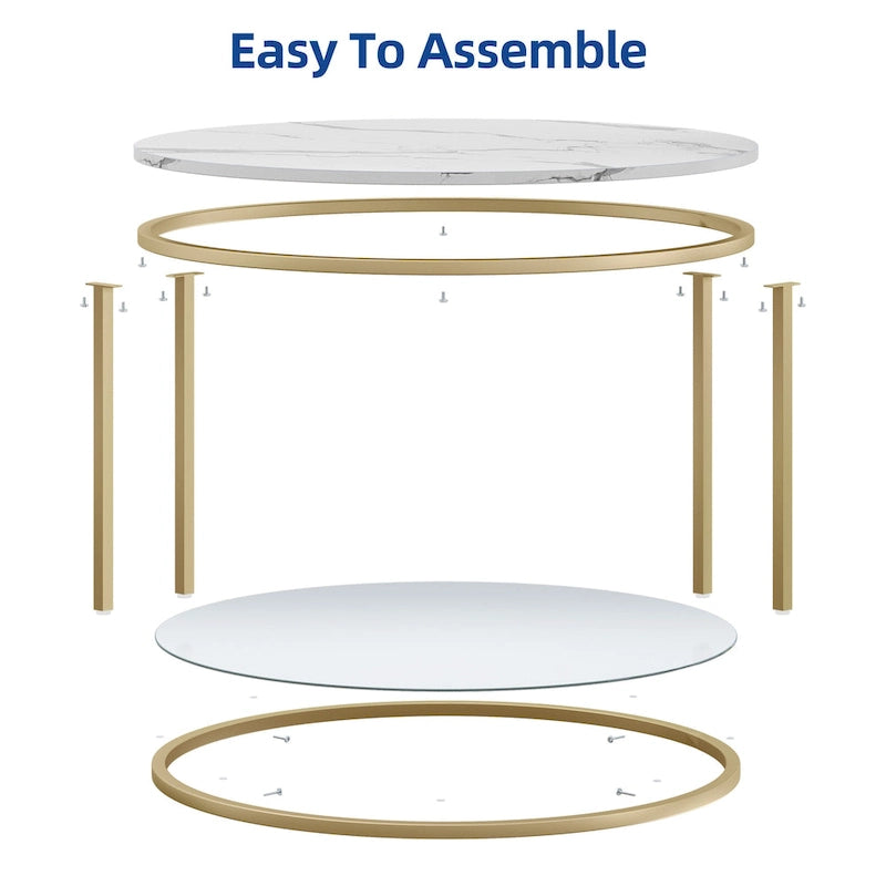 Table basse ronde à motif marbre blanc avec plateau en verre et cadre doré à 2 niveaux