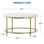 Table basse ronde à motif marbre blanc avec plateau en verre et cadre doré à 2 niveaux