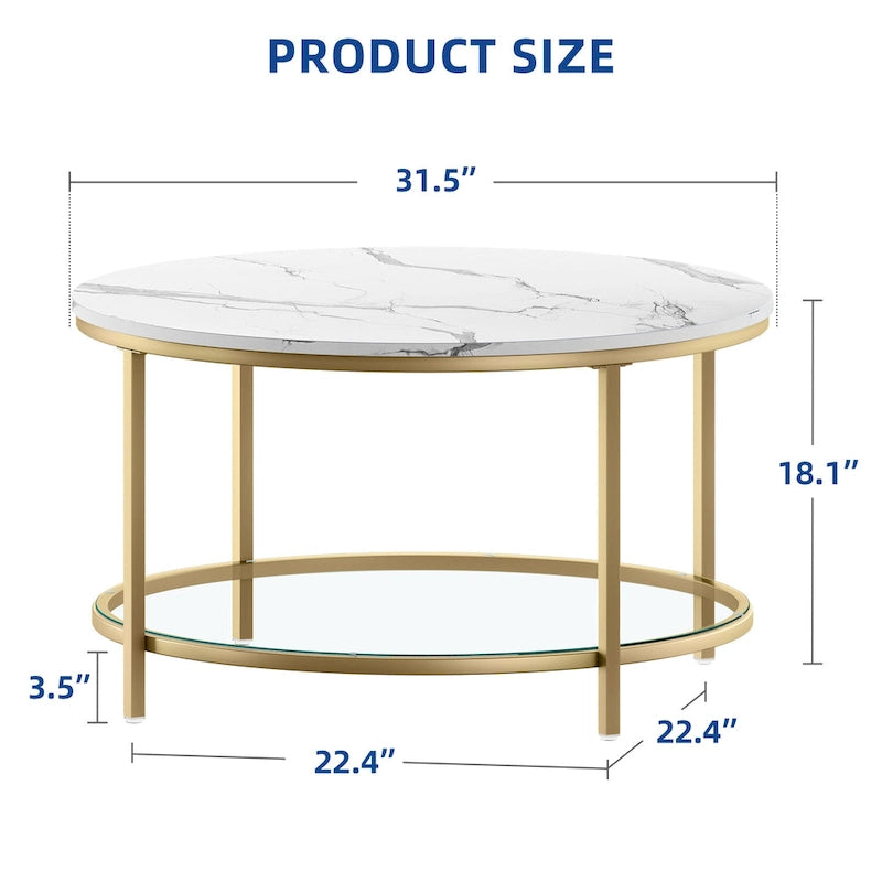 Table basse ronde à motif marbre blanc avec plateau en verre et cadre doré à 2 niveaux