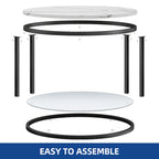 Table basse ronde à motif marbre blanc avec plateau en verre et cadre doré à 2 niveaux