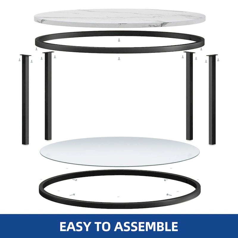 Table basse ronde à motif marbre blanc avec plateau en verre et cadre doré à 2 niveaux