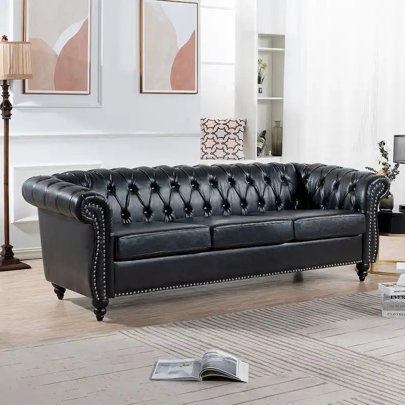 Canapé Chesterfield capitonné en similicuir avec accoudoirs roulés de 84,65 po