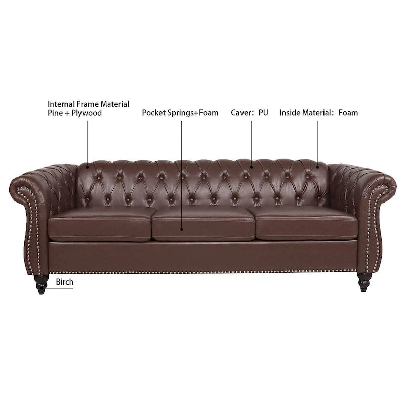 Canapé Chesterfield capitonné en similicuir avec accoudoirs roulés de 84,65 po