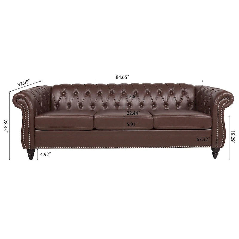 Canapé Chesterfield capitonné en similicuir avec accoudoirs roulés de 84,65 po