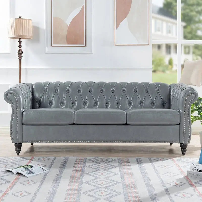 Canapé Chesterfield capitonné en similicuir avec accoudoirs roulés de 84,65 po