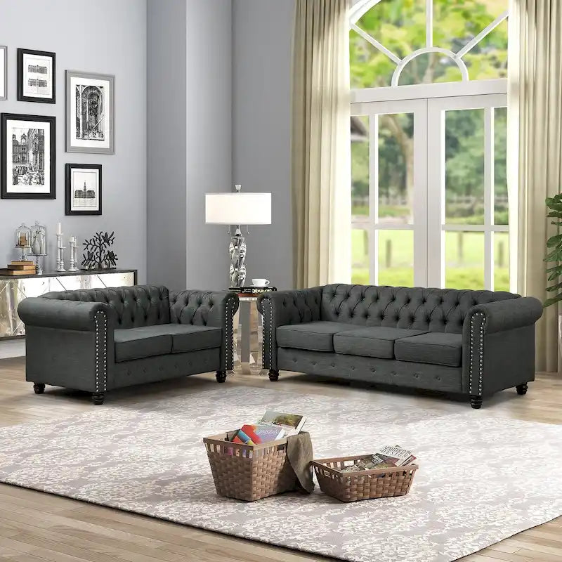 Causeuse chesterfield capitonnée, tissu lin