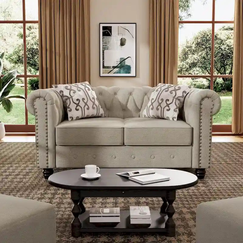 Causeuse chesterfield capitonnée, tissu lin