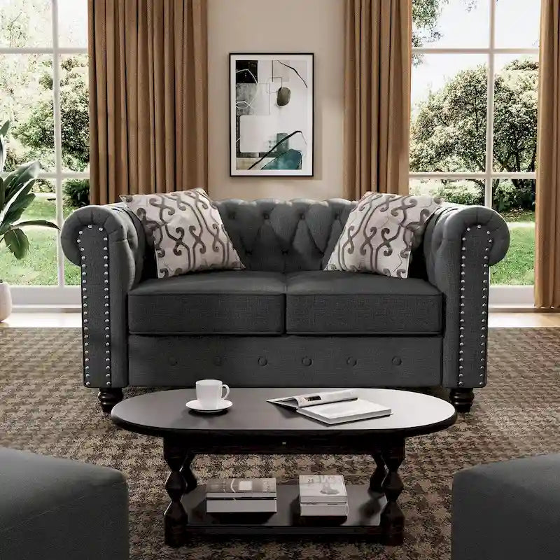 Causeuse chesterfield capitonnée, tissu lin