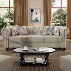 Causeuse chesterfield capitonnée, tissu lin