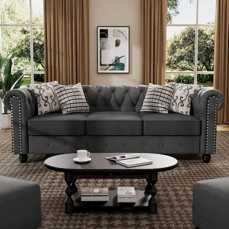 Causeuse chesterfield capitonnée, tissu lin