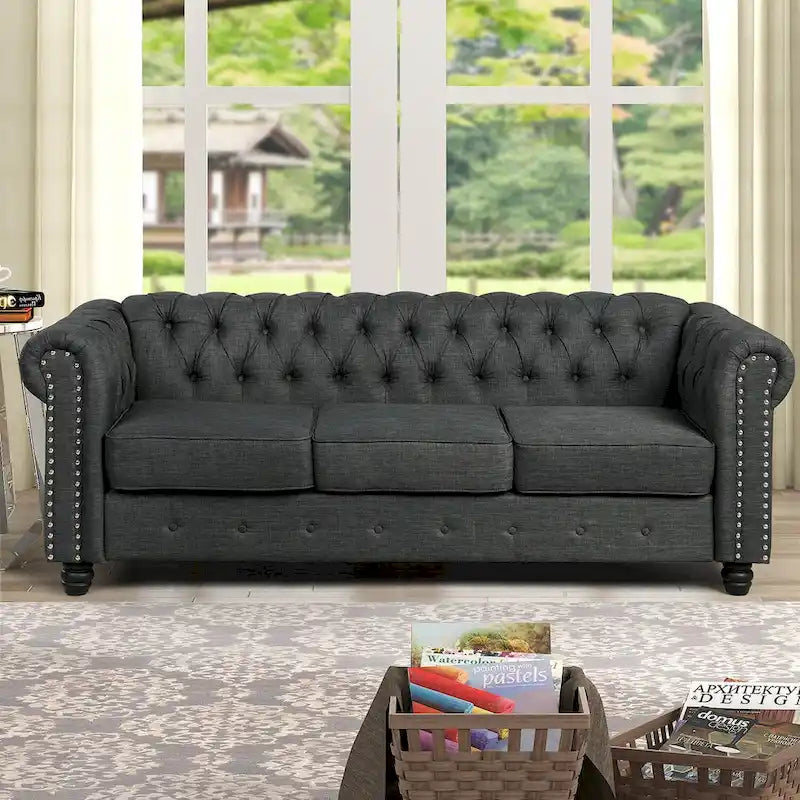 Causeuse chesterfield capitonnée, tissu lin