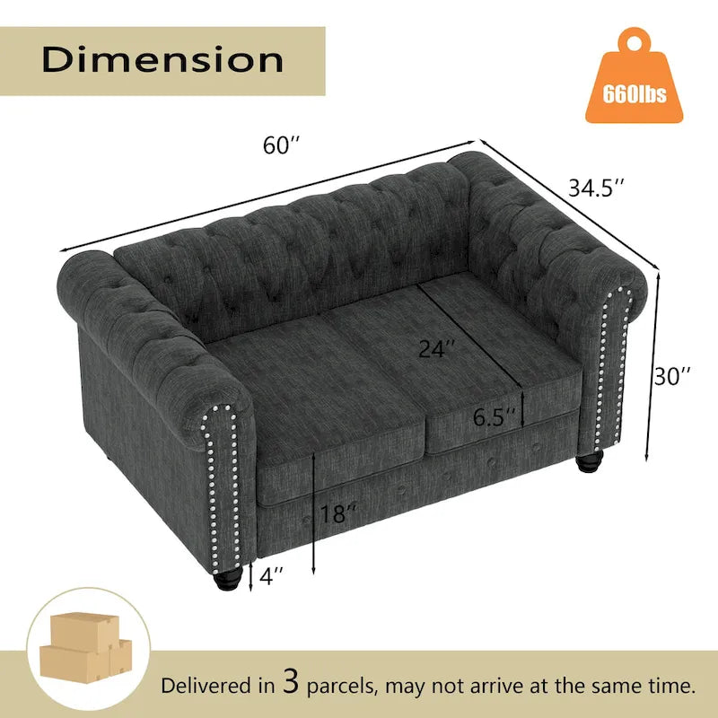 Causeuse chesterfield capitonnée, tissu lin