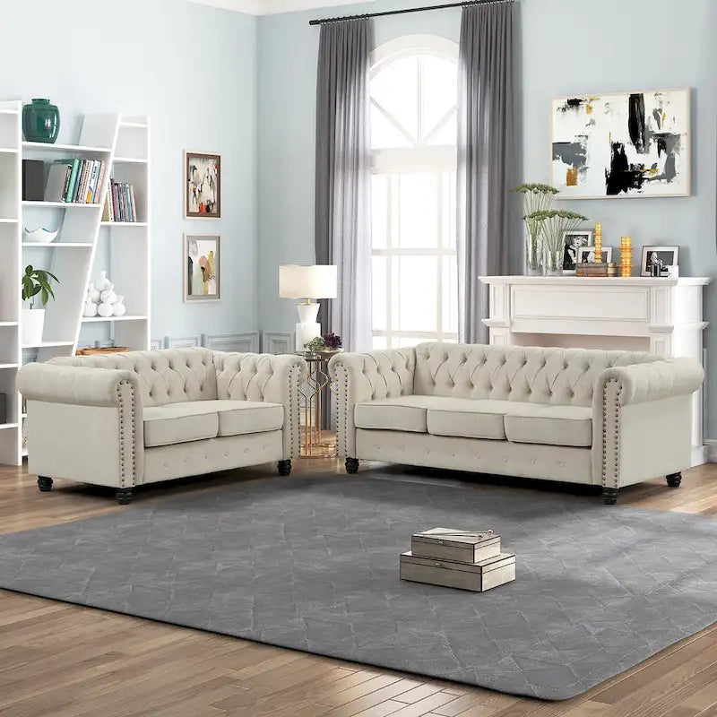 Causeuse chesterfield capitonnée, tissu lin