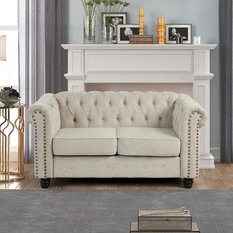 Causeuse chesterfield capitonnée, tissu lin