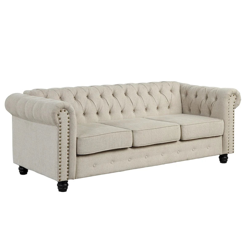 Causeuse chesterfield capitonnée, tissu lin