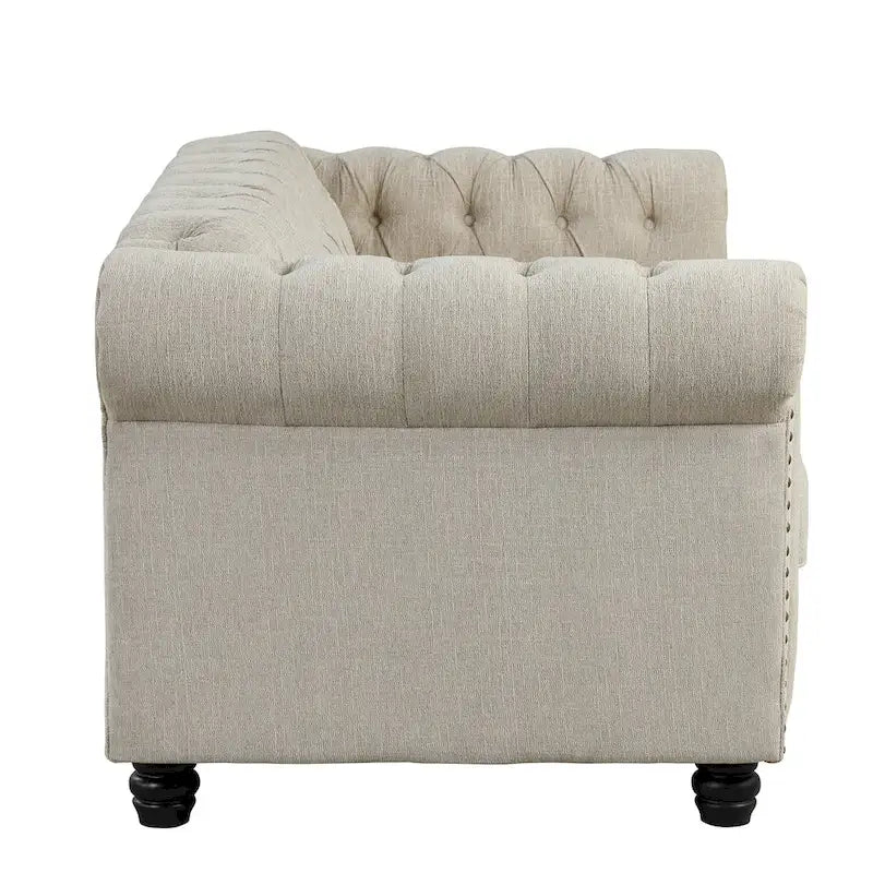 Causeuse chesterfield capitonnée, tissu lin