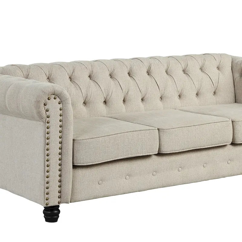 Causeuse chesterfield capitonnée, tissu lin