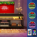 Meuble TV industriel en bois avec lumière LED, étagères de rangement ouvertes, prises de courant et télécommande Bluetooth