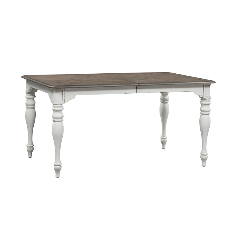 Table à manger à pieds tournés, en chêne vieilli blanc antique