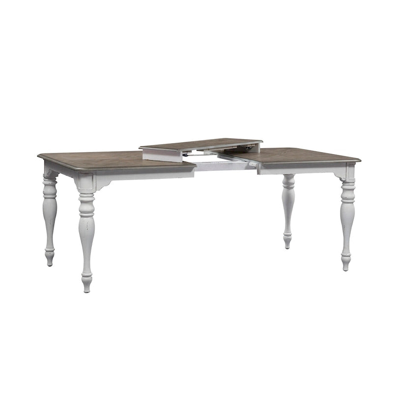 Table à manger à pieds tournés, en chêne vieilli blanc antique