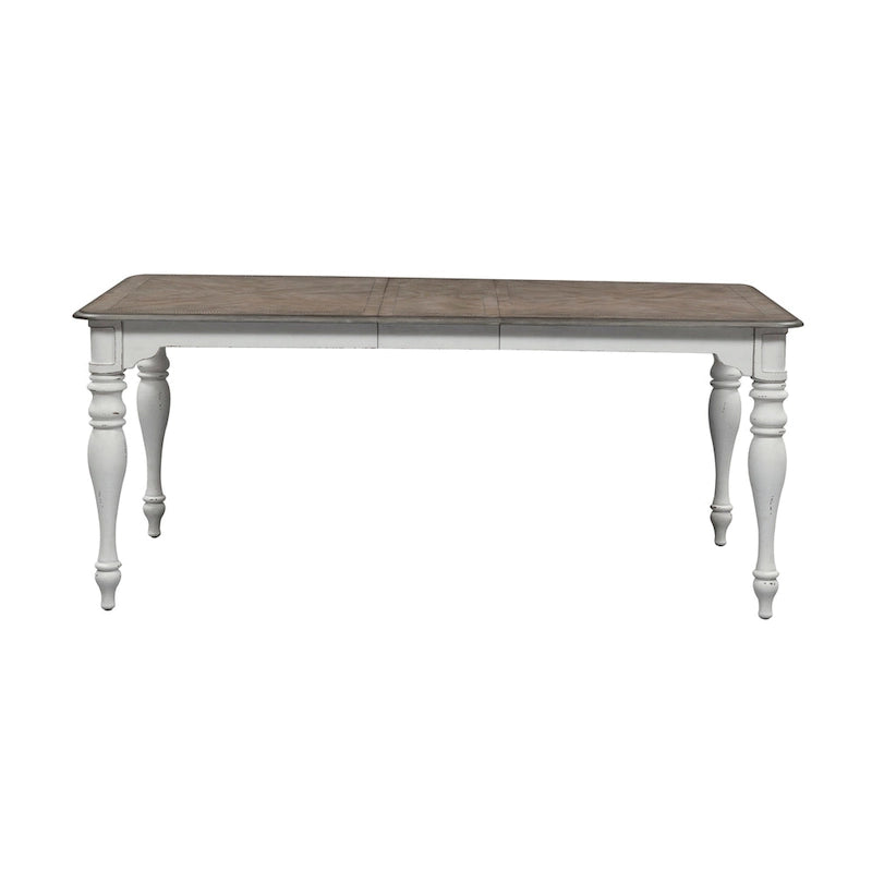 Table à manger à pieds tournés, en chêne vieilli blanc antique