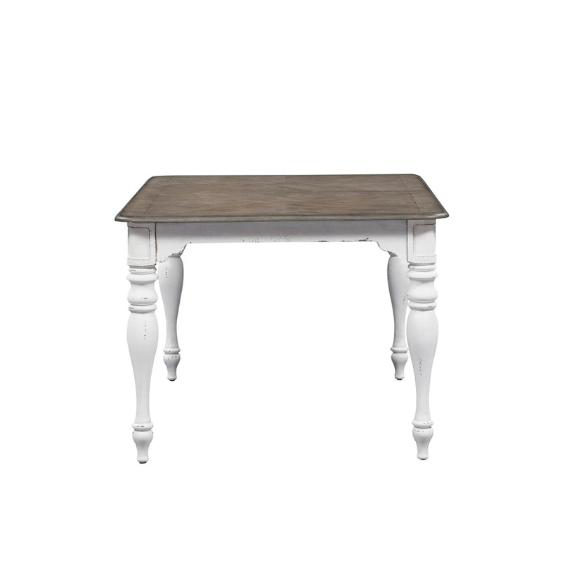Table à manger à pieds tournés, en chêne vieilli blanc antique